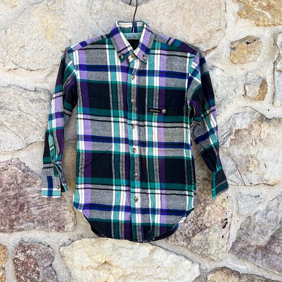 Vintage 80s flannel plaid long sleeve button up boys size 10 - Picture 1 of 5